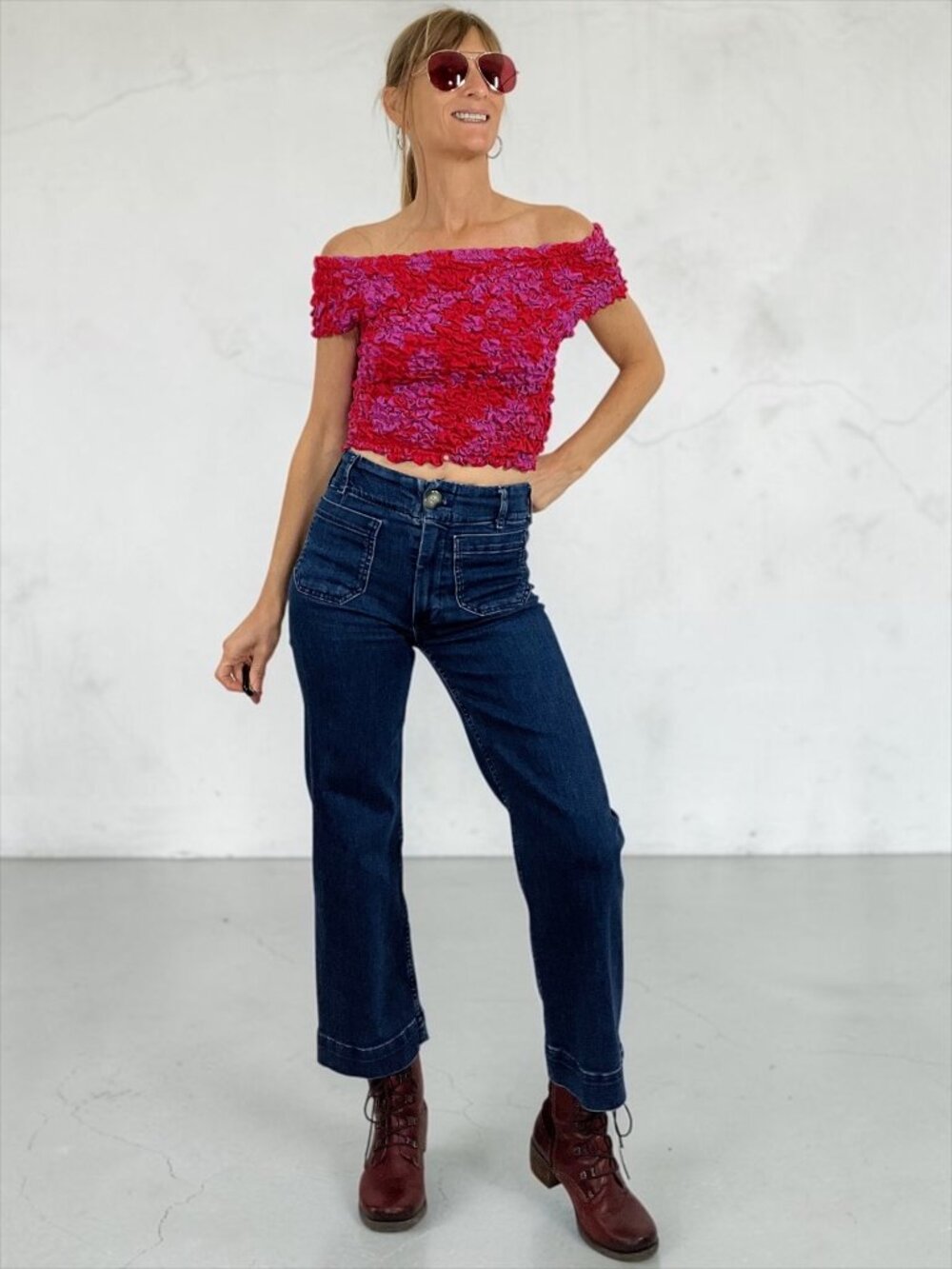 Free People Dominique Top M Cherry Combo Off The Shoulder Cropped